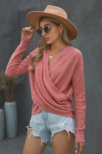 Wrap Sweater - Pink Collared Crew Neck Turtle Neck