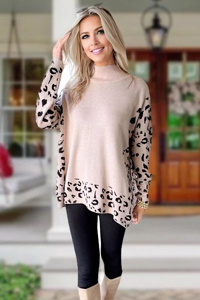 Leopard Poncho Style Sweater - Beige Cable Knit Ribbed Knit Lace Knit