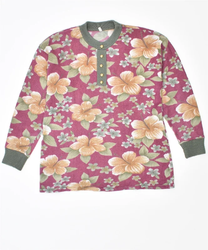 VINTAGE Womens Crew Neck Jumper Sweater UK 12 Medium Pink Floral Acrylic Casual Formal Business