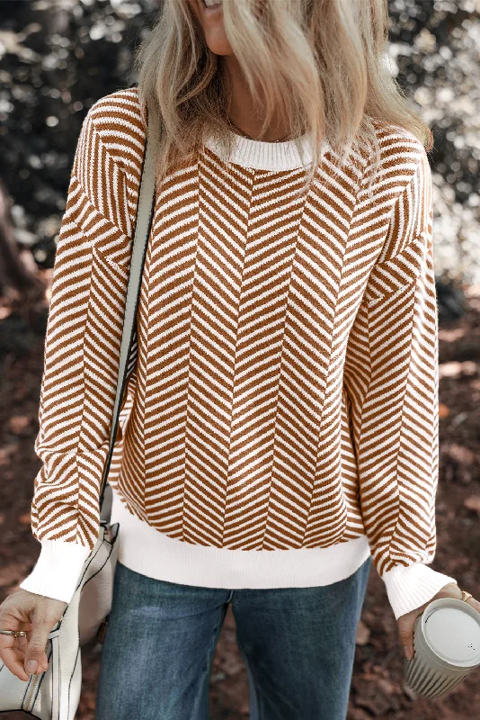 Herringbone Pattern Sweater - Brown High Neck Crew Neck V-Neck