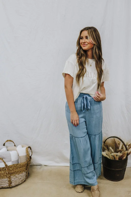 Ready To Mingle Chambray Denim Pants Elegant Palazzo Trousers