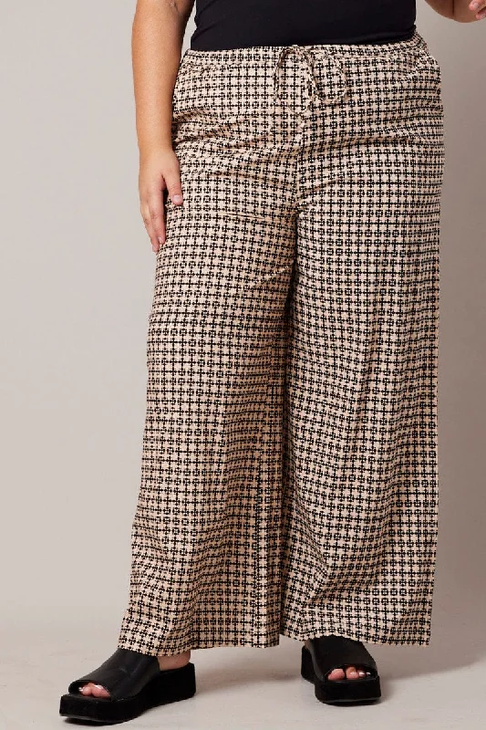 Brown Geo Wide Leg Pants High Rise Soft Cotton Pants