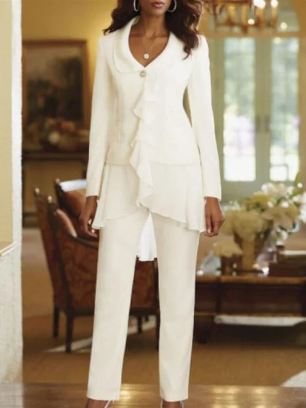 White V-Neck Long Sleeves Floor Length Mother of the Bride Pantsuits With Ruffle Relaxed High-Waist Trousers
