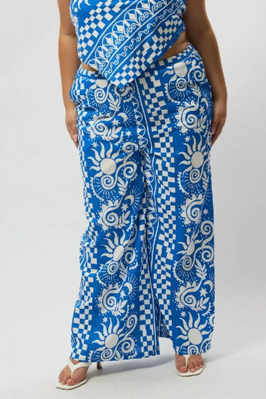 Blue Abstract Drawstring Wide Leg Linen Blend Pants Formal Wide-Leg Pants