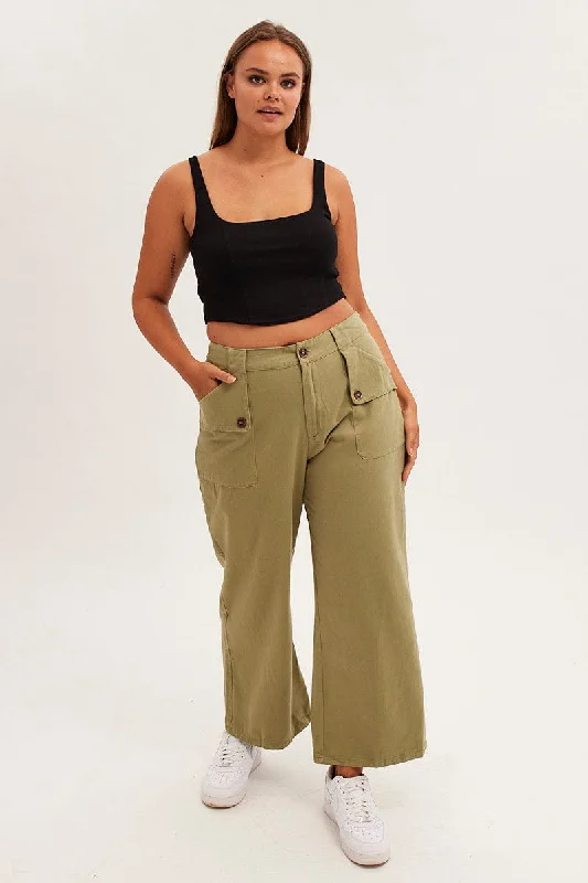 Green Wide Leg Pant Cargo Pocket Cotton Casual Lounge Pants
