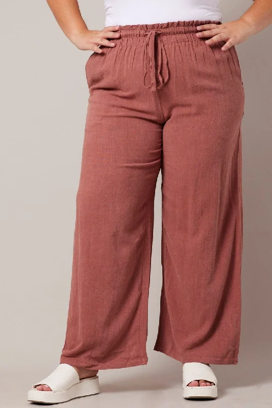 Brown Wideleg Pants Paperbag Elastic Waist Linen Blend Casual Wide Pants