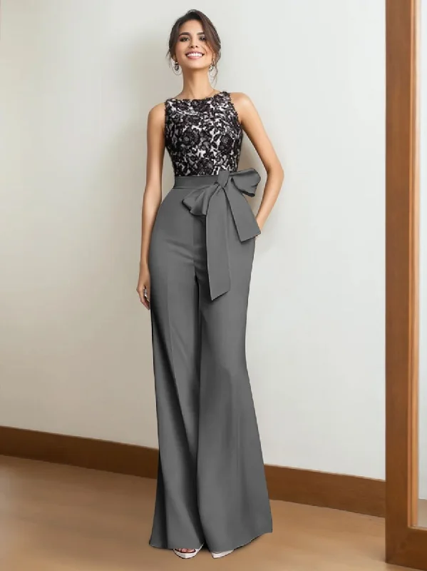 2 Piece Satin Sleeveless Floor Length Mother of the Bride Pantsuits with Lace Appliques & Bow Fashionable Track Pants