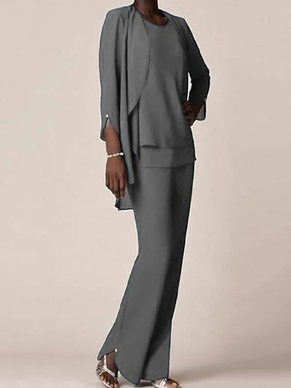 Chiffon V-Neck Long Sleeves Floor-Length Mother of the Bride Pantsuits with Ruffles Elegant Palazzo Trousers