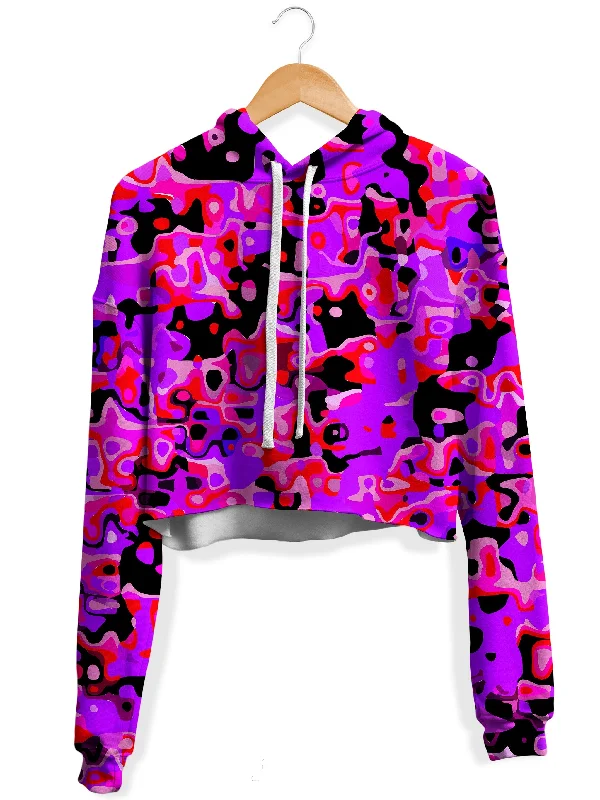 Purple Red and Black Rave Camo Melt Fleece Crop Hoodie Hoodie with Ribbed Hem Stretchable Secure