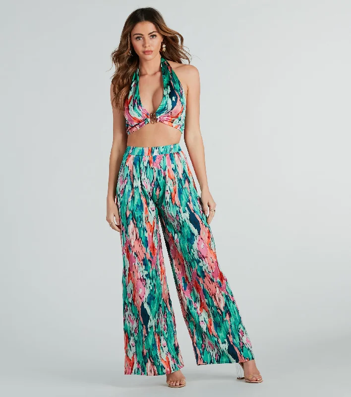 Color Me Pretty Satin Abstract Wide-Leg Pants Comfortable Wide-Leg Pants
