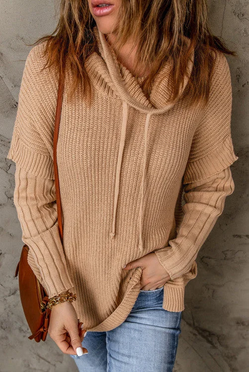 Drawstring Khaki Sweater Ribbed Striped Patterned