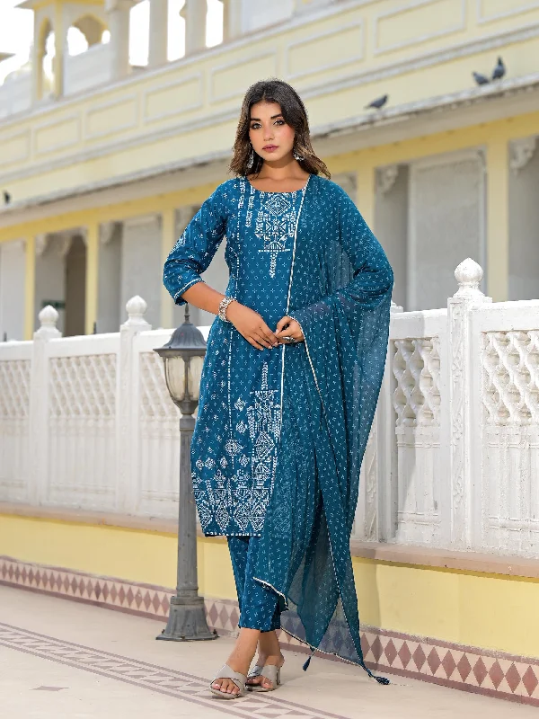 Blue Geometric Printed Viscose Kurta, Pant And Dupatta Set With With Mirror Work Formal Linen Trousers Blue Geometric Printed Viscose Kurta, Pant And Dupatta Set With With Mirror Work Formal Linen Trousers