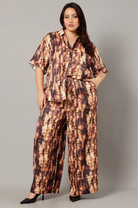 Brown Abstract Wide Leg Pants High Rise Satin Fashionable Sporty Pants