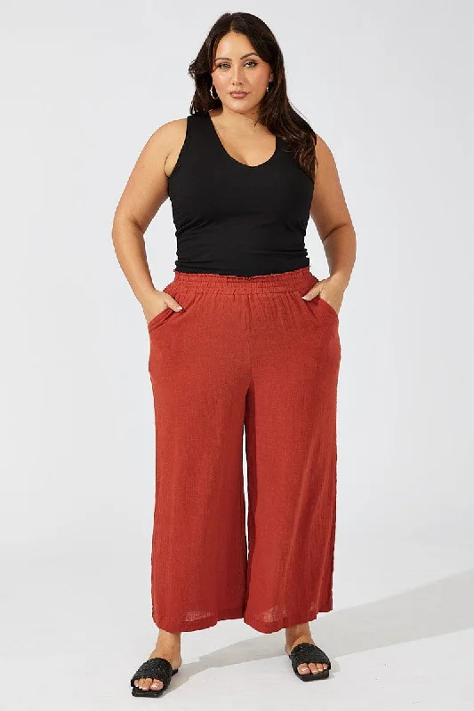 Brown Wideleg Pants Cotton Elastic Waist Textured Formal Linen Trousers