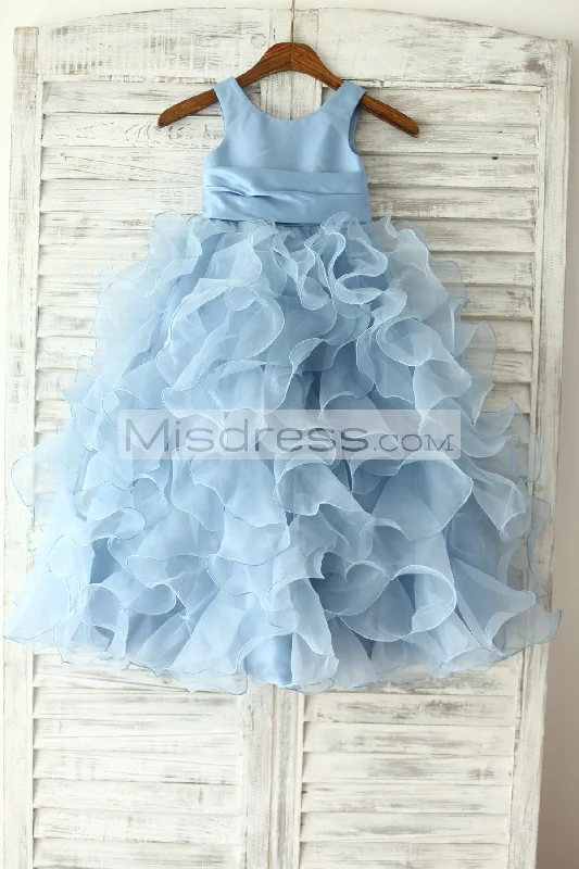 Blue Satin Ruffle Organza Skirt Princess Flower Girl Dress, Sash