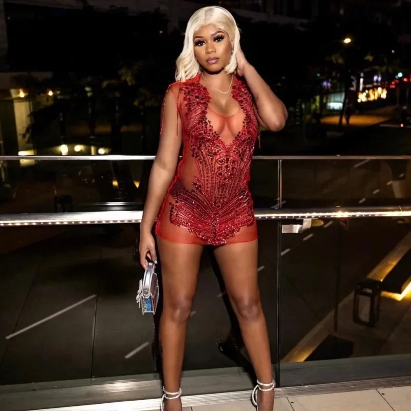 Sexy See Through Red Birthday Dresses For Black Women Beading Luxury Short Prom Gowns Mini Cocktail Dress Black Girls Sexy See Through Red Birthday Dresses For Black Women Beading Luxury Short Prom Gowns Mini Cocktail Dress Black Girls