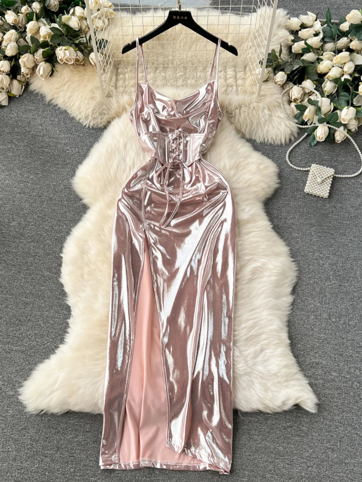 Sexy Spaghetti Strap Dress Women Elegant Shinny Sleeveless Backless Lace-up Bandage Slim Split Midi Ladies Dress Summer Sexy Spaghetti Strap Dress Women Elegant Shinny Sleeveless Backless Lace-up Bandage Slim Split Midi Ladies Dress Summer