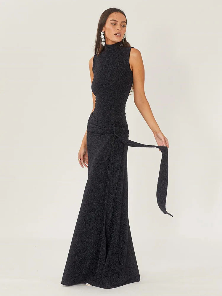 Sexy Shiny Women's Long Dress Slim Fit Party Evening Woman Dress Female Pleated Ribbon Sleeveless Vesidos Autumn Sexy Shiny Women's Long Dress Slim Fit Party Evening Woman Dress Female Pleated Ribbon Sleeveless Vesidos Autumn