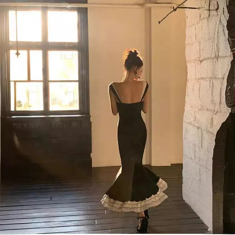 Pphmm cybergoth dress to impress French Style Black Knitted Sling Dress Women's Summer Step Lotus Elegant Slim Slimming Fishtail Dress