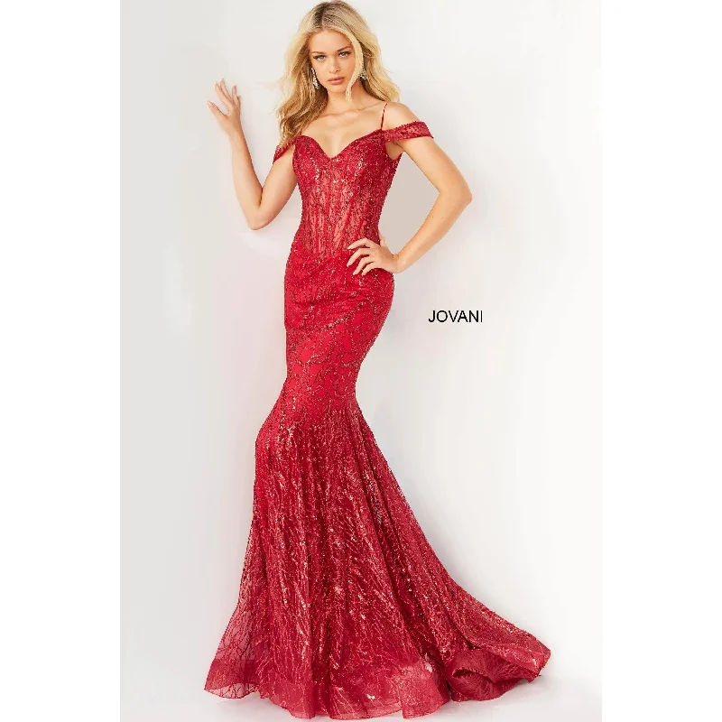 Jovani Red Embellished Off the Shoulder Prom Dress 05838