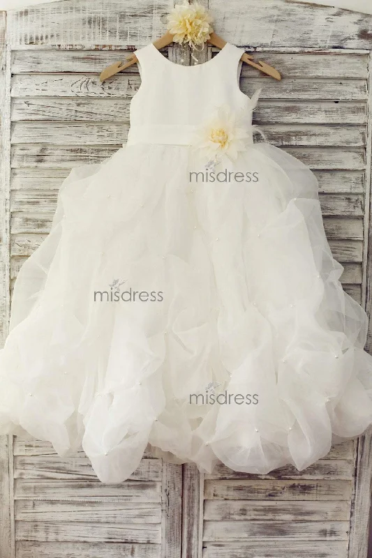 Ivory Satin Organza Ruffles Ball Gown Flower Girl Dress, Feather/Flowers