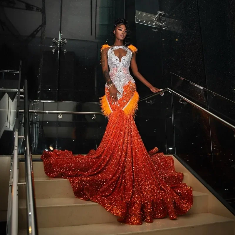 Luxury Orange Prom Dresses For Black Girls Feathers Rhinestone Sequin Mermaid Party Gowns Afrcian Women Crystal Evening Dress Luxury Orange Prom Dresses For Black Girls Feathers Rhinestone Sequin Mermaid Party Gowns Afrcian Women Crystal Evening Dress