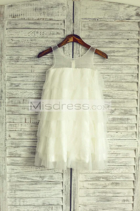 Boho Beach Sheer Neck Ivory Tulle Cupcake Flower Girl Dress