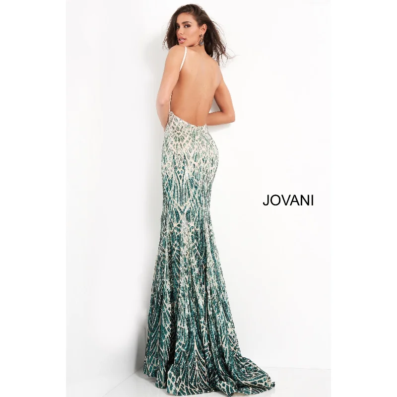 Jovani 06450 Silver Green Backless Sequin Prom Dress