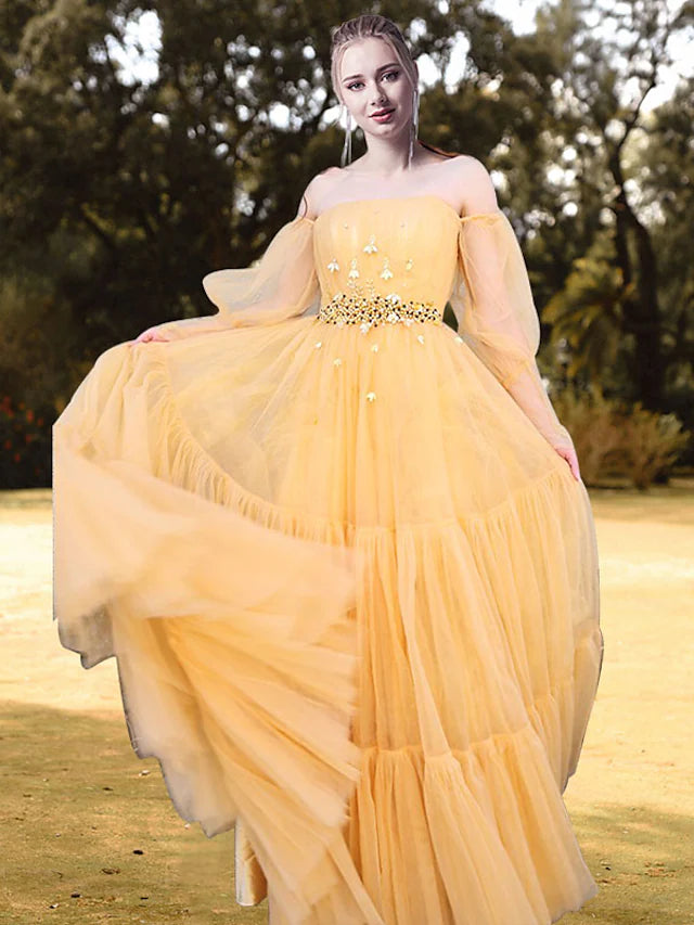 Ball Gown Prom Dresses Princess Dress Engagement Floor Length Long Sleeve Strapless Tulle with Sash Ribbon Pleats Ball Gown Prom Dresses Princess Dress Engagement Floor Length Long Sleeve Strapless Tulle with Sash Ribbon Pleats