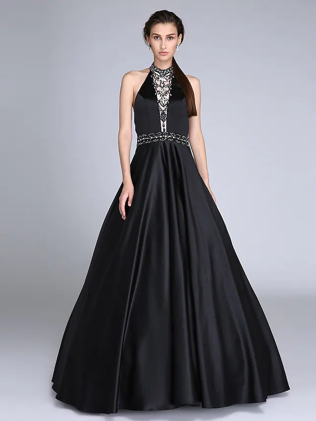 Ball Gown Dress Prom Floor Length Sleeveless Halter Satin with Sash  Ribbon Beading