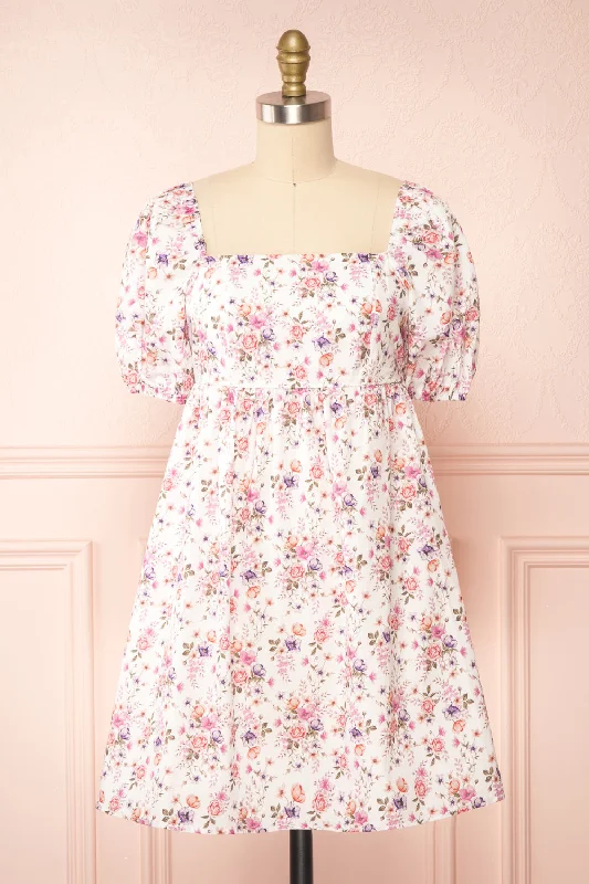 Caritas White | Short Floral Dress w/ Puffy Sleeves