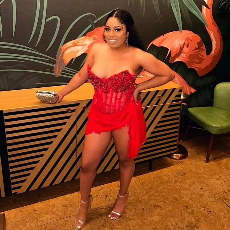 Elegant Red Prom Dress Blace Girls Rhinestone African Women Lace Party Gowns Vestidos De Graduación Black Girls Birthday Outfit Elegant Red Prom Dress Blace Girls Rhinestone African Women Lace Party Gowns Vestidos De Graduación Black Girls Birthday Outfit