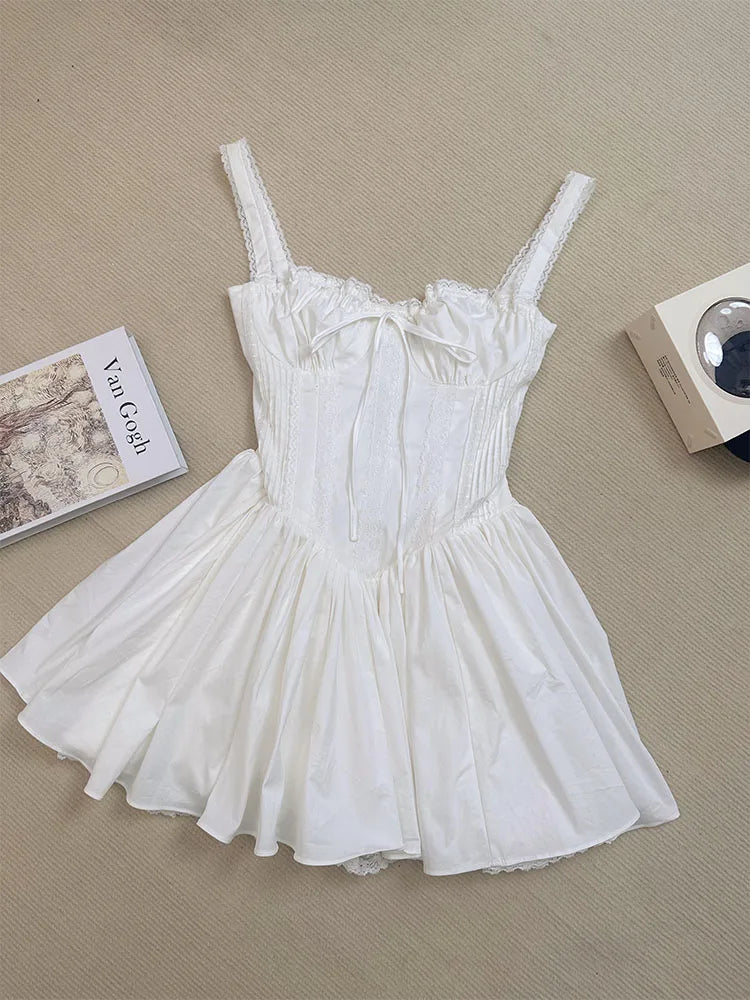 Summer Mori Girl Women Bow A-Line Dress Spaghetti Strap Solid Color Frocks Dress Square Neck Party Tunic Korean Preppy Evening Summer Mori Girl Women Bow A-Line Dress Spaghetti Strap Solid Color Frocks Dress Square Neck Party Tunic Korean Preppy Evening