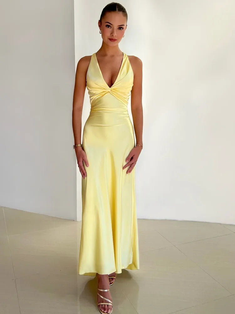 Elegant Sleeveless Satin Bodycon Long Dress Women Sexy Deep V Backless Evening Dress Female Slim Fit Party Club Vestidos Elegant Sleeveless Satin Bodycon Long Dress Women Sexy Deep V Backless Evening Dress Female Slim Fit Party Club Vestidos