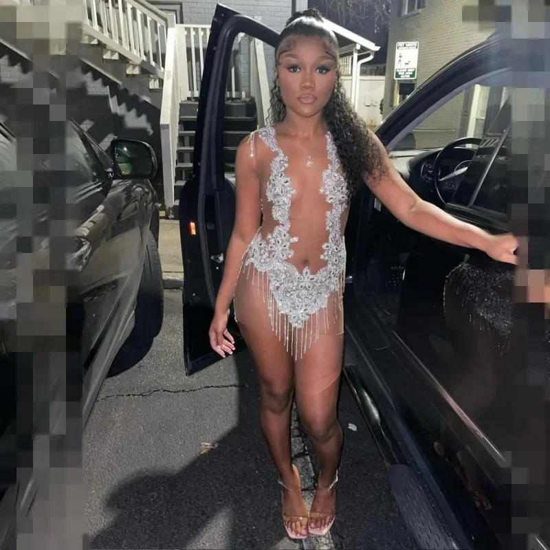Sexy See Through Prom Dresses Sheer Neck Applique Beading Mini Party Gowns Women Birthday Outfit Vestidos De Gala Sexy See Through Prom Dresses Sheer Neck Applique Beading Mini Party Gowns Women Birthday Outfit Vestidos De Gala