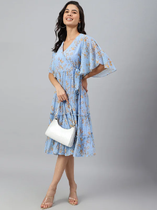 Janasya Women's Sky Blue Dobby Georgette Digital Print Flared Western Dress