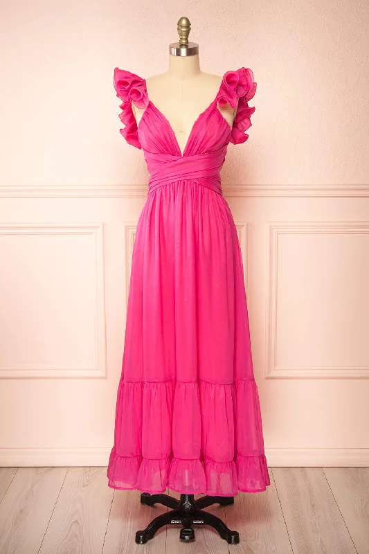 Calantha | Long Fuschia Dress w/ Ruffled Straps
