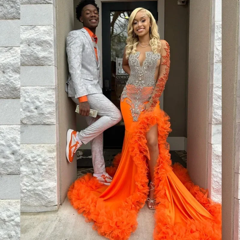 Luxury Split Orange Prom Dresses 2024 Black Girl Beading African Women Pageant Party Gowns One Shoulder Vestido De Graduación Luxury Split Orange Prom Dresses 2024 Black Girl Beading African Women Pageant Party Gowns One Shoulder Vestido De Graduación