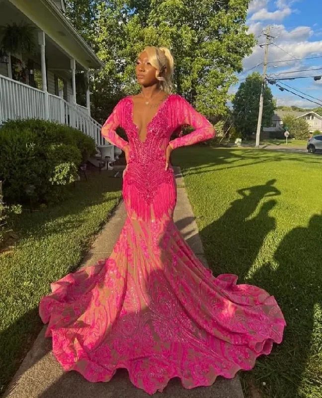Fuchsia Pink Sparkly Long Sleeve Evening Formal Dresses for Black Girl Luxury Diamond Tassel African Prom Gala Gown Birthday Fuchsia Pink Sparkly Long Sleeve Evening Formal Dresses for Black Girl Luxury Diamond Tassel African Prom Gala Gown Birthday