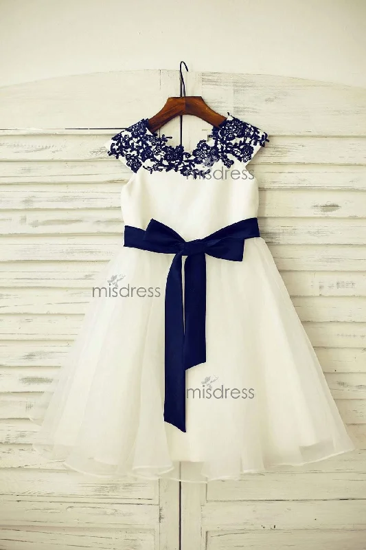 Princess Navy Blue Lace Ivory Satin Tulle Flower Girl Dress, Sash