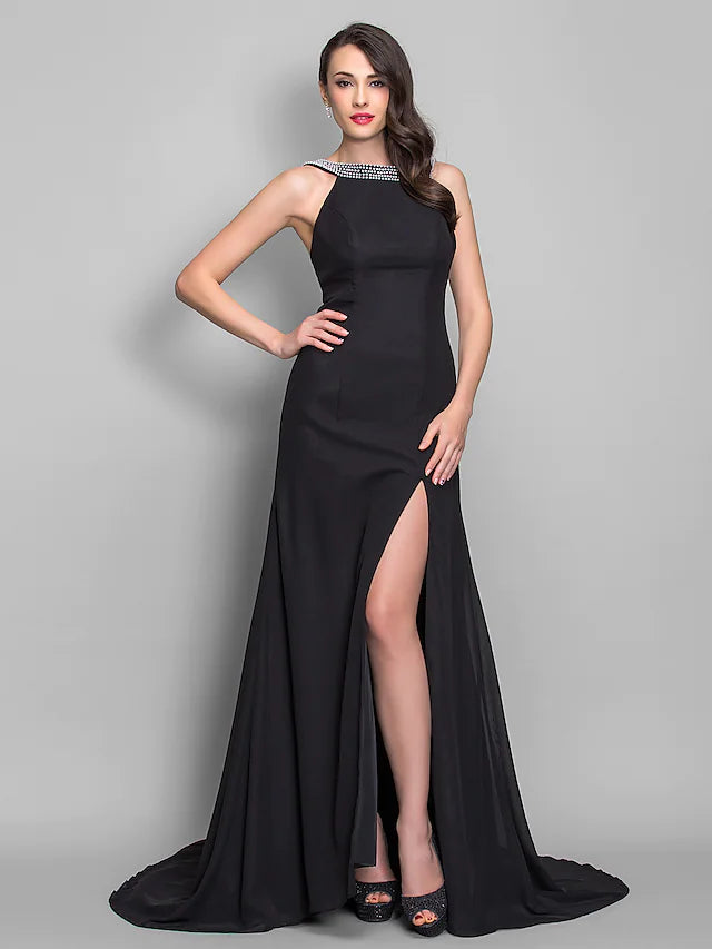 Open Back Dress Formal Evening Sleeveless Scoop Neck Chiffon with Pleats Split Front Open Back Dress Formal Evening Sleeveless Scoop Neck Chiffon with Pleats Split Front