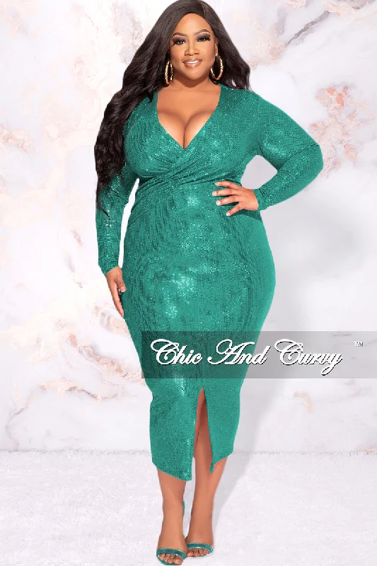 Available Online Only - Final Sale Plus Size Faux Sequin Faux Wrap Bodycon Dress with Front Slit in Green Available Online Only - Final Sale Plus Size Faux Sequin Faux Wrap Bodycon Dress with Front Slit in Green