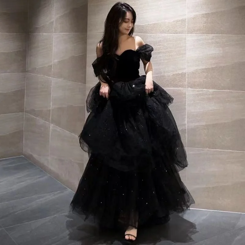 Pphmm prom dresses Black Evening Dress New Light Luxury Niche High-End off-Shoulder Adult Ceremony Birthday Graduation Princess Dress Pphmm prom dresses Black Evening Dress New Light Luxury Niche High-End off-Shoulder Adult Ceremony Birthday Graduation Princess Dress