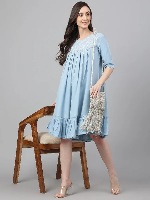 Janasya Women's Light Blue Denim Solid Flared Western Dress