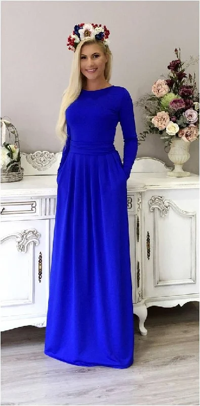 Royal Blues Dress With Pleats/ Long Plain Bridesmaid Party prom Dress Long Sleeves Pockets Sash cg4342 Royal Blues Dress With Pleats/ Long Plain Bridesmaid Party prom Dress Long Sleeves Pockets Sash cg4342