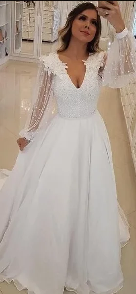 White Chiffon Beading Sheer Long Sleeve A-line Prom Dresses cg4884