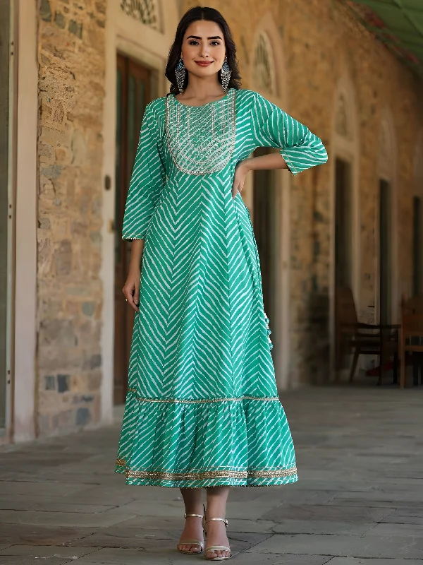 Juniper Women's Green Printed Embroidered Mirror Work Sequin Cotton Flared Dress