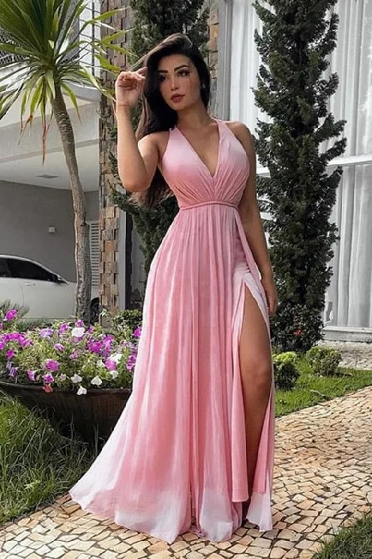 Fashion V-Neck Pink Chiffon Side Slite Prom Dress Custom Made Long A-Line Formal Evening Dress cg4698 Fashion V-Neck Pink Chiffon Side Slite Prom Dress Custom Made Long A-Line Formal Evening Dress cg4698