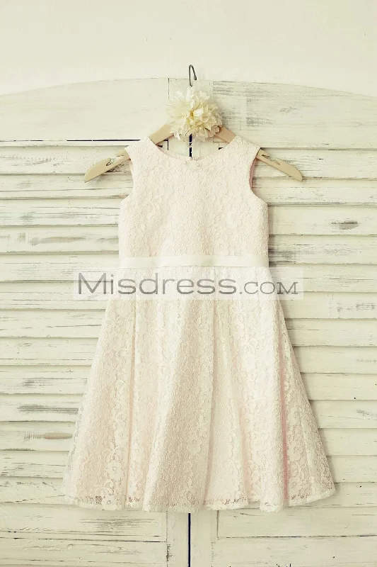 Ivory Lace Blush Pink Lining Sleeveless Flower Girl Dress