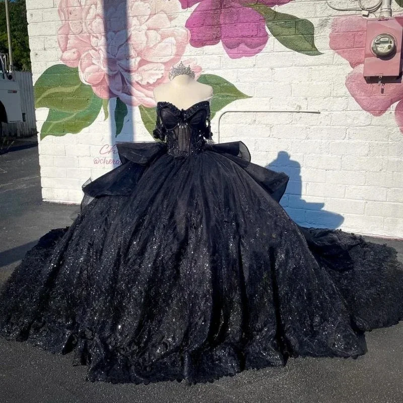 Luxury Black Crystals Ball Gown Quinceanera Dresses Appliques Lace Off The Shoulder Beads Sweet 16 Dress Luxury Black Crystals Ball Gown Quinceanera Dresses Appliques Lace Off The Shoulder Beads Sweet 16 Dress